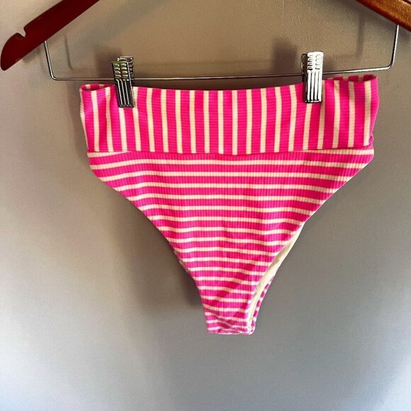Aerie high waisted bikini bottoms High Cut Pink White Stripes Size Small - Picture 2 of 6